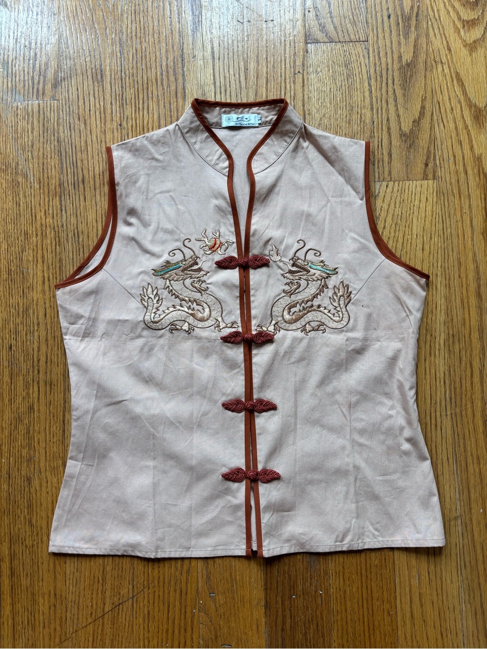 Vintage-Inspired Dragon Embroidered Sleeveless Top - Beige/Rust